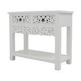 WHITE CARVED WOODEN CONSOLE TABLE 2DW OPEN SHELVES
