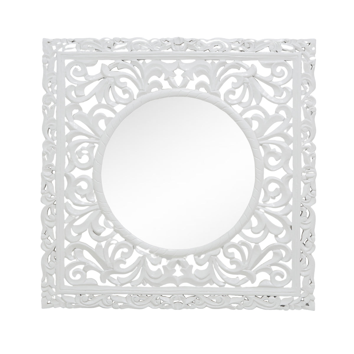 WHITE CARVED WOODEN SQUARE FRAME ROUND MIRROR LIMS Legacy Singapore