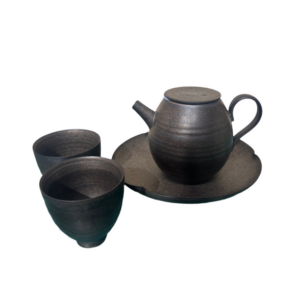 IRON GLAZE PORCELAIN ROUND FLAT TEAPOT 4PC SET