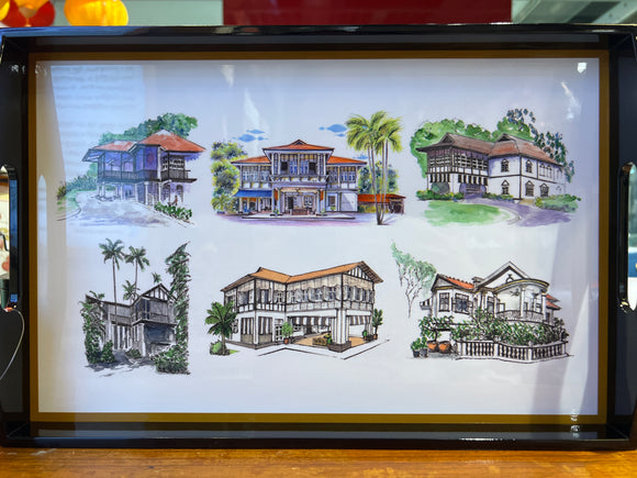 LACQUER TRAY BLACK & WHITE HOUSES M