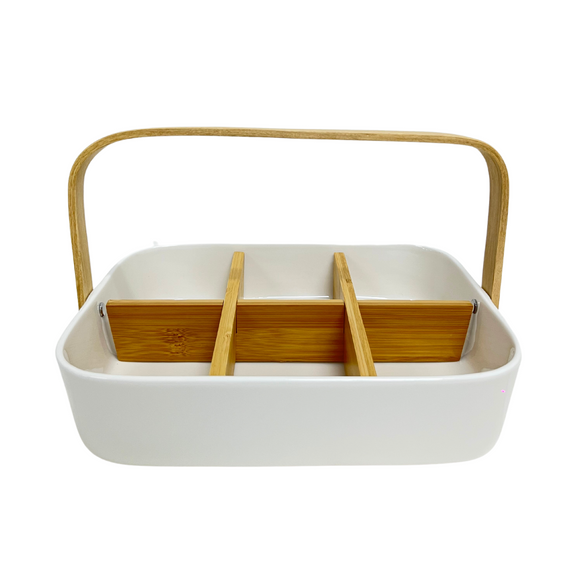 WHITE PORCELAIN CARRIER WITH BAMBOO COVER