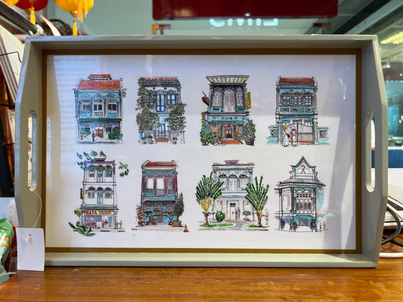 LACQUER TRAY PASTEL SHOPHOUSES GREY M