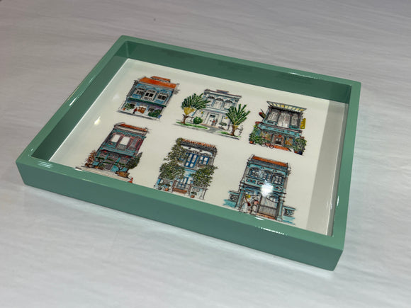 LACQUER TRINKET TRAY SHOPHOUSES TURQUOISE