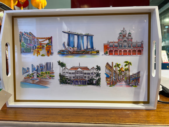 LACQUER TRAY SINGAPORE ICONS WHITE M