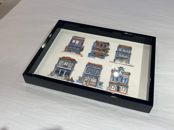 LACQUER TRINKET TRAY SHOPHOUSES BLACK