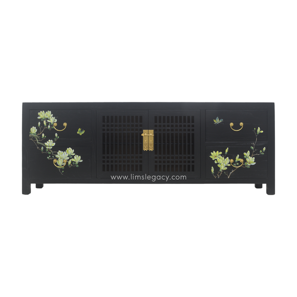 TV CONSOLE LATTICE W/ FLEUR BUTTERFLY 1.8M BLACK WASH MQZ-11