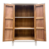 LIMS Legacy Singapore Asian style cabinet with brass hardware, light neutral finish, three adjustable shelves, and tapered legs.
