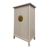 LIMS Legacy Singapore Asian style cabinet in light neutral finish with brass hardware and tapered legs. Features double doors with a coin closure and ample storage.