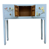 LIMS Legacy Singapore baby blue console table with hand-painted magnolia and birds, 4 drawers and central cabinet.