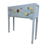 LIMS Legacy Singapore baby blue console table with hand-painted magnolia and birds, 4 drawers, 2 doors, antique brass hardware.