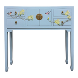 LIMS Legacy Singapore baby blue console table with hand-painted magnolia branches and birds, 4 drawers, and 2 central doors.