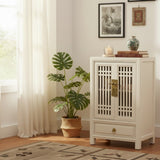 LIMS Legacy Singapore cream elm wood lattice side cabinet with brass fittings in a bright living room setting.