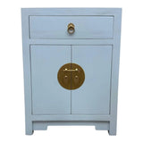 LIMS Legacy Singapore light blue Chinese style nightstand with brass hardware, drawer, and cabinet doors.