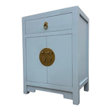 LIMS Legacy Singapore light blue Chinese style nightstand with brass hardware, drawer, and cabinet doors.