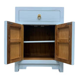 LIMS Legacy Singapore light blue Chinese style nightstand with brass hardware, drawer, and cabinet with shelf.