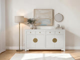LIMS Legacy Singapore Orient white wash elm wood sideboard with four drawers and brass hardware in a bright room