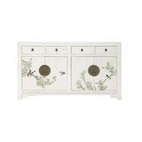 LIMS Legacy Singapore white wash elm wood oriental sideboard with four drawers and floral bird hand-painted details.