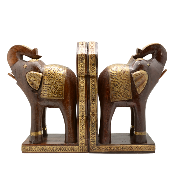 WOODEN BRASS WORK BOOK END DOUBLE ELEPHANT 2PCS SET 10