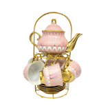 TEA POT SET OF 6 W/ GOLD STAND PINK