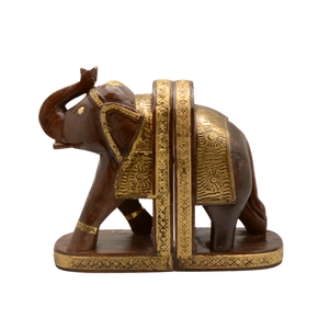 WOODEN BRASS WORK BOOK END SINGLE ELEPHANT 2PCS SET 10"