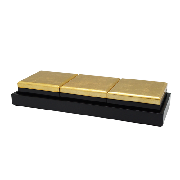 LACQUER SQUARE BOX SET OF 3 WITH TRAY PLAIN GOLD