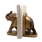 WOODEN BRASS WORK BOOK END SINGLE ELEPHANT 2PCS SET 10"