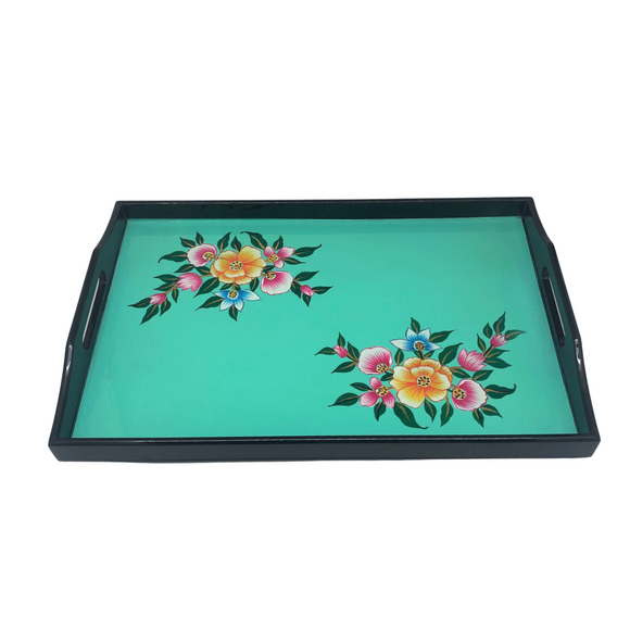 LACQUER RECT TRAY MINT FLORAL L