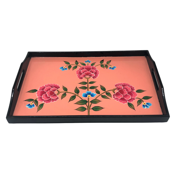 LACQUER RECT TRAY PINK FLORAL L