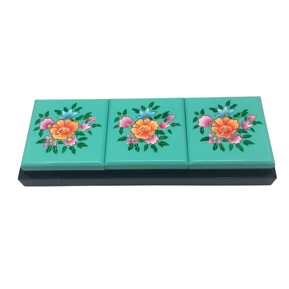 LACQUER TRAY W/ 3 BOXES MINT FLORAL