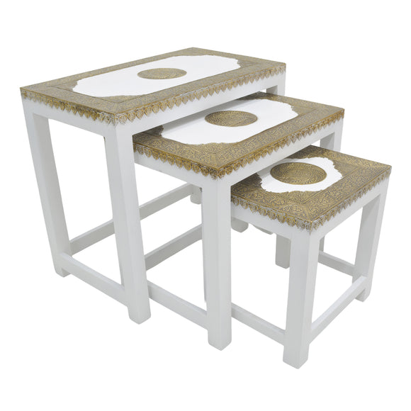WHITE CARVED WOODEN BRASS TOP NESTING TABLE 3PC SET
