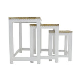 WHITE CARVED WOODEN BRASS TOP NESTING TABLE 3PC SET
