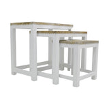 WHITE CARVED WOODEN BRASS TOP NESTING TABLE 3PC SET