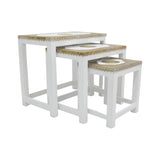 WHITE CARVED WOODEN BRASS TOP NESTING TABLE 3PC SET