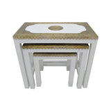 WHITE CARVED WOODEN BRASS TOP NESTING TABLE 3PC SET