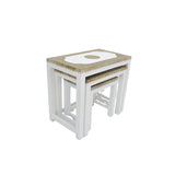 WHITE CARVED WOODEN BRASS TOP NESTING TABLE 3PC SET