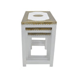 WHITE CARVED WOODEN BRASS TOP NESTING TABLE 3PC SET
