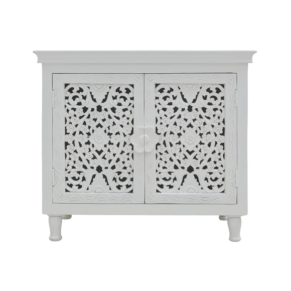 WHITE CARVED WOODEN CABINET 2DR