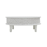 WHITE CARVED WOODEN COFFEE TABLE OVAL