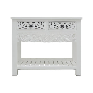 WHITE CARVED WOODEN CONSOLE TABLE 2DW OPEN SHELVES
