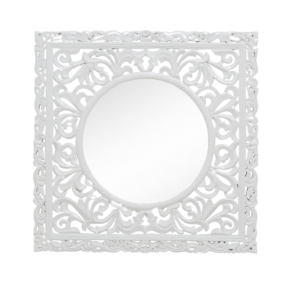 WHITE CARVED WOODEN SQUARE FRAME ROUND MIRROR