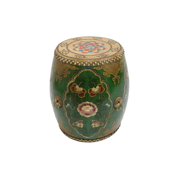 TIBETAN DRUM STOOL FLORAL GREEN