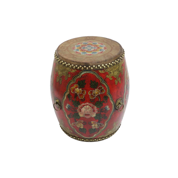 TIBETAN DRUM STOOL FLORAL RED